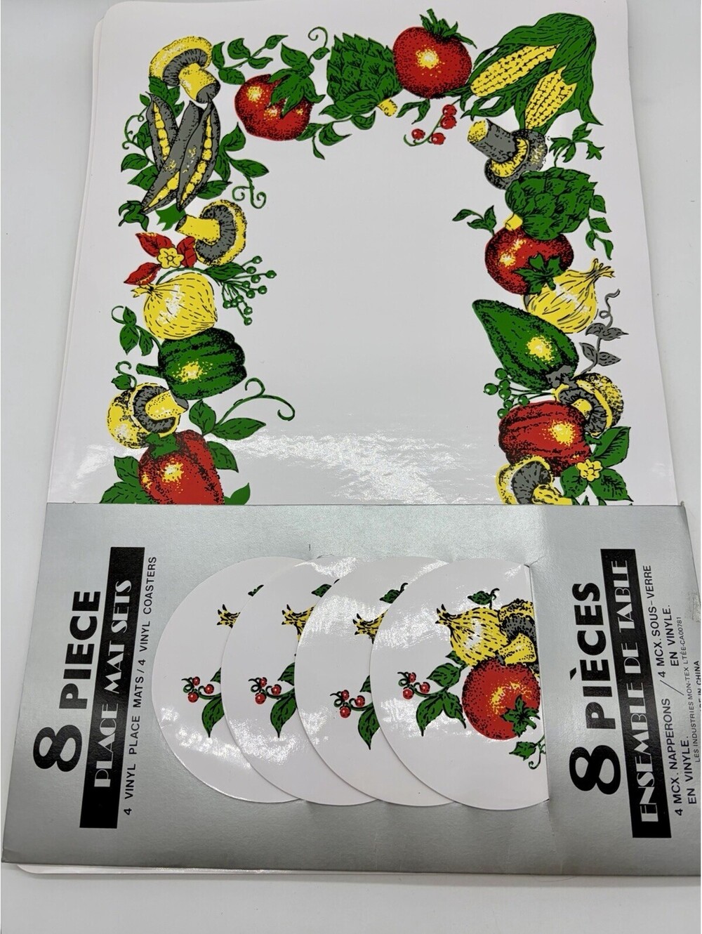 Vintage Vinyl Vegetable Spice Pattern Placemats & Coaster Set 70’s 80’s Set Of 8